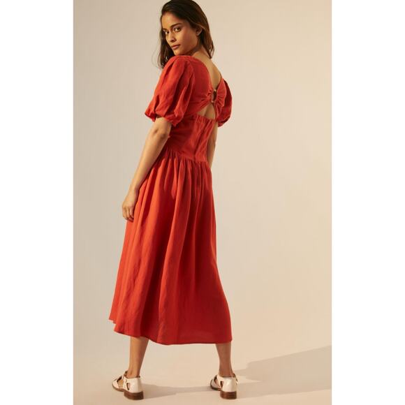 Anthropologie Currect Air Square-Neck Puff-Sleeved Midi Dress Linen Blend Sz XS - Picture 4 of 15